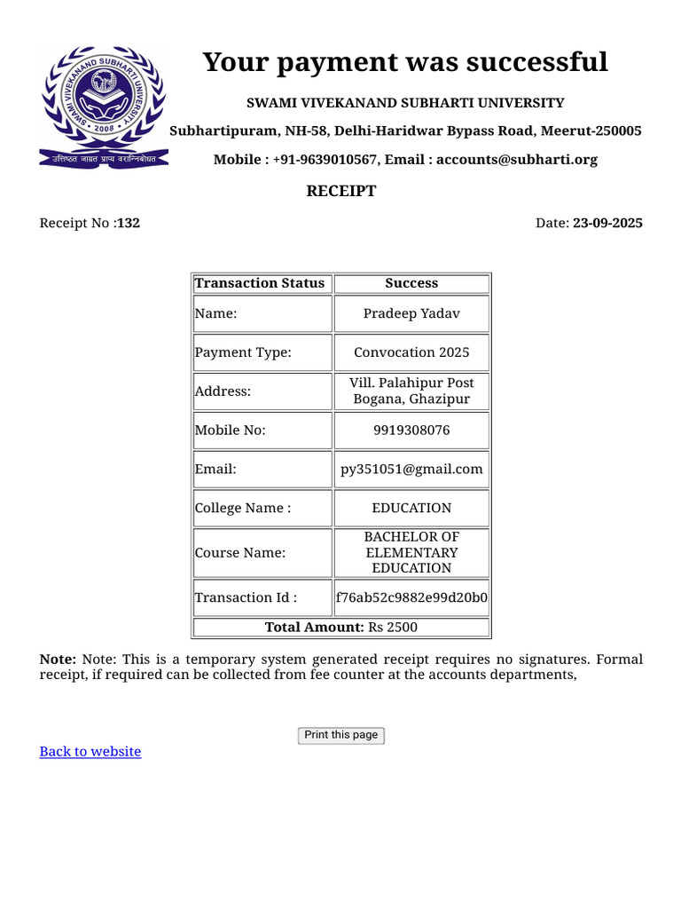 Convocation 2025 Payment Receipt | PDF
