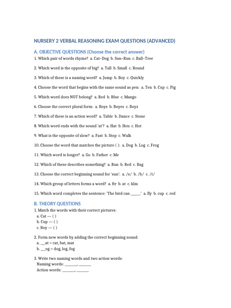 Advanced Nursery Verbal Reasoning Questions | PDF