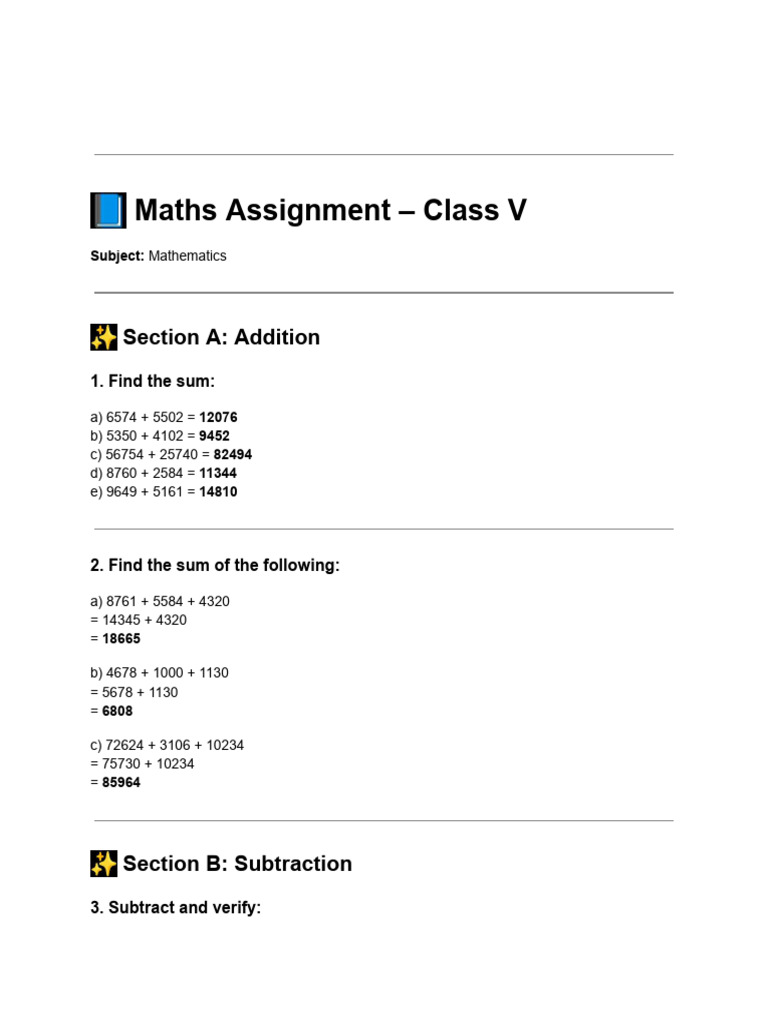 Class V Maths Assignment Guide | PDF
