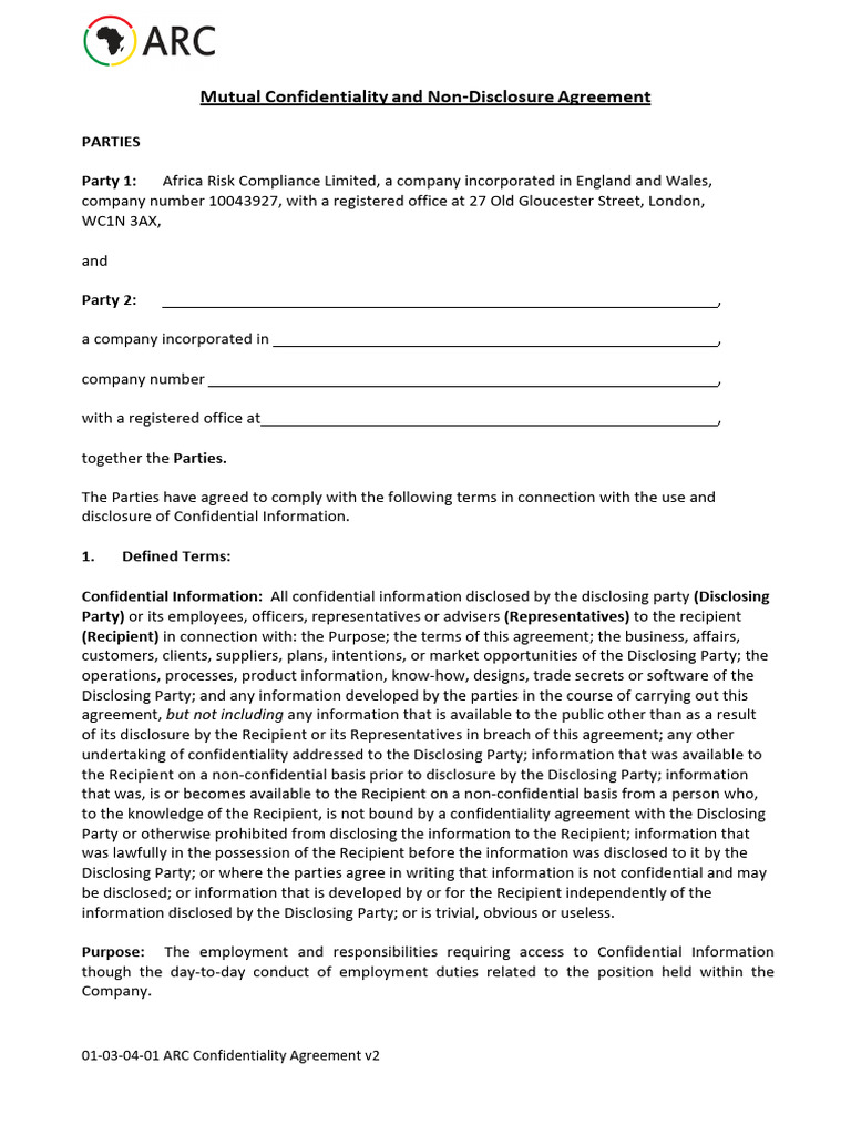 Mutual Confidentiality Agreement Template | PDF | Non Disclosure ...