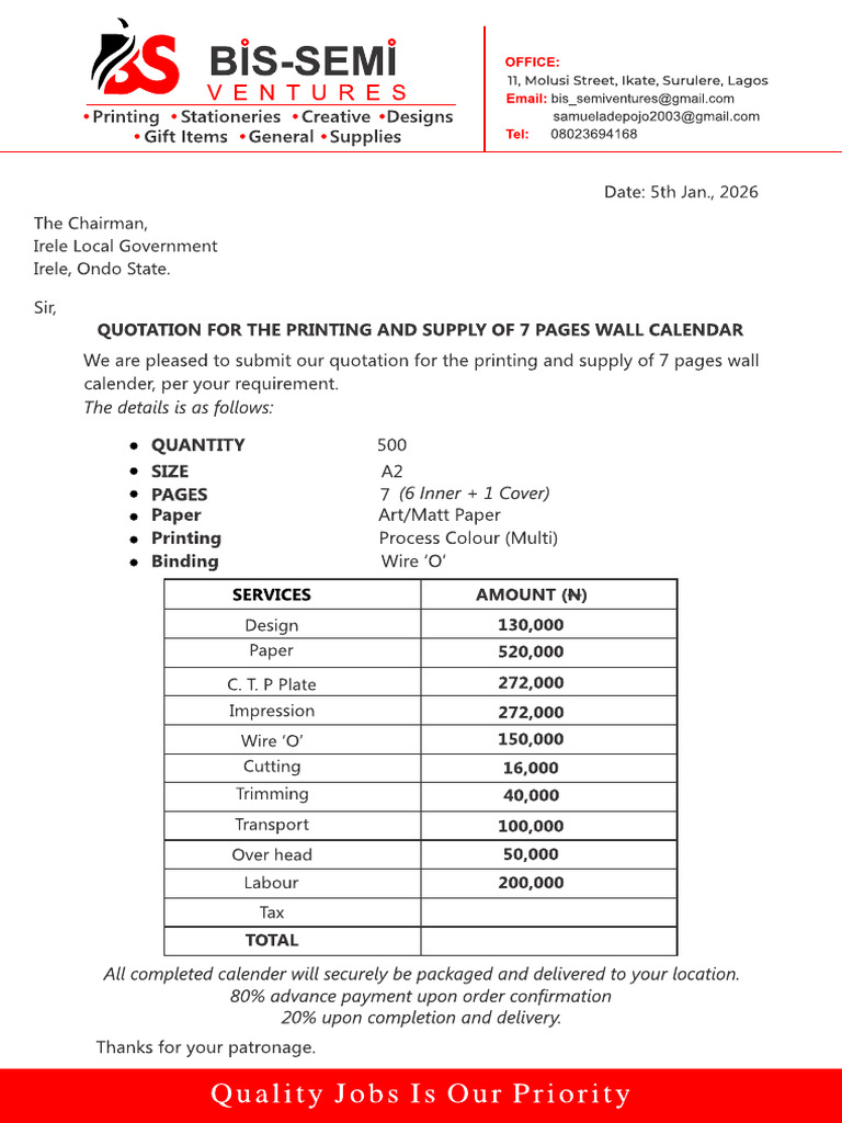 Bis Semi Calender Quotation | PDF