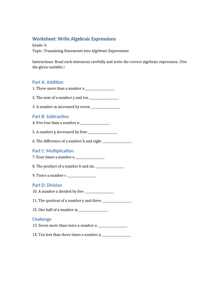 Algebraic Expressions Worksheet for 6th Grade | PDF