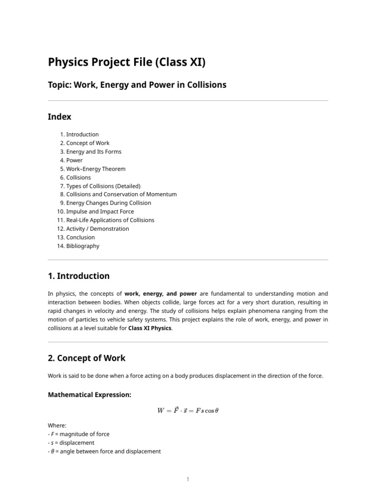 Work, Energy and Power in Collisions - Physics Project | PDF ...
