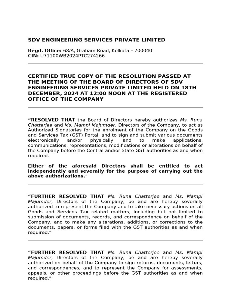 SDV Engineering GST Authorization Resolution | PDF
