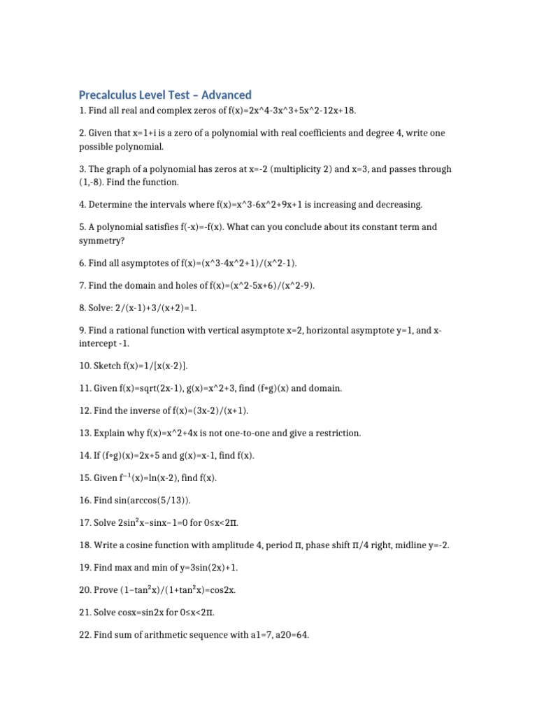 Advanced Precalculus Level Test | PDF