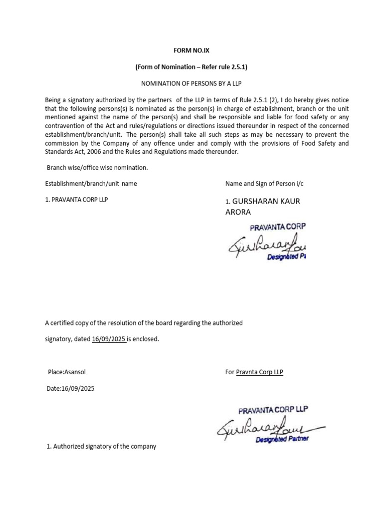 LLP Nomination Form for Food Safety | PDF