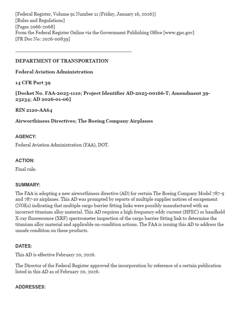 FAA Airworthiness Directive for Boeing 787 | PDF | Federal Aviation ...