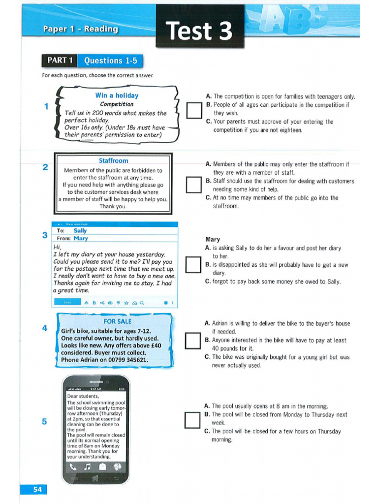 Reading Test 3 Simply PET - 8 Practice Tests (2020) | PDF