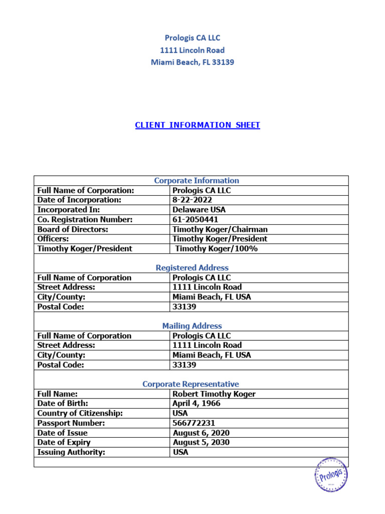 Prologis CA LLC Client Information Sheet | PDF | Port (Computer ...
