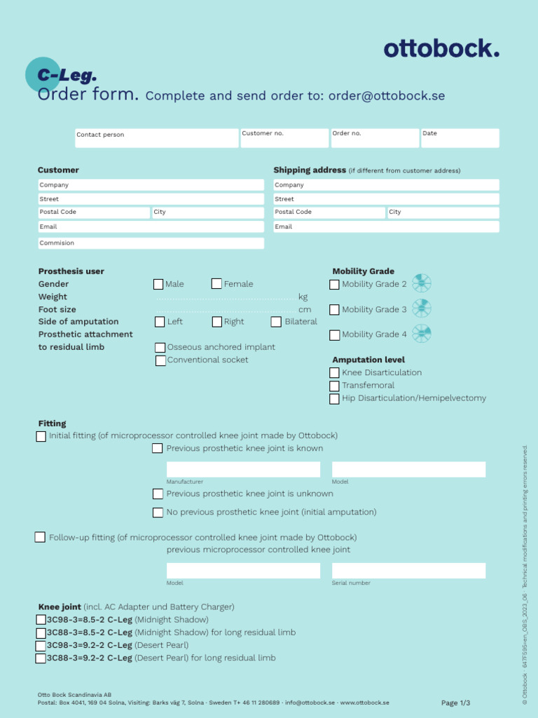 C-Leg Prosthesis Order Form | PDF | Prosthesis | Amputation