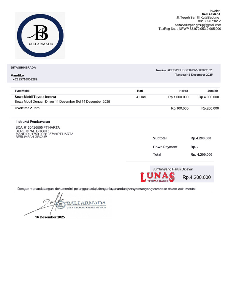 Invoice Sewa Mobil Toyota Innova Rp.4.200.000 | PDF