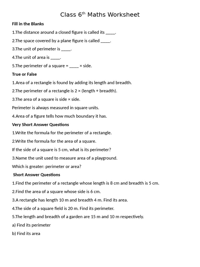 Class 6th Maths Worksheet | PDF