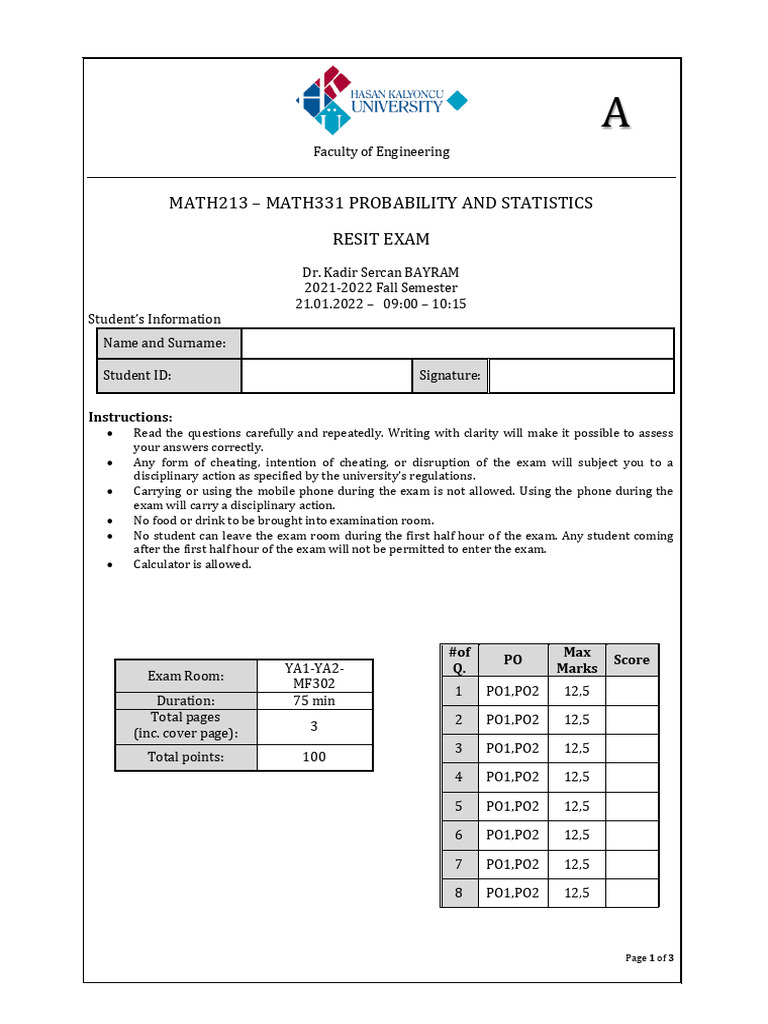 Probability and Statistics Resit Exam | PDF | Mode (Statistics) | Mean