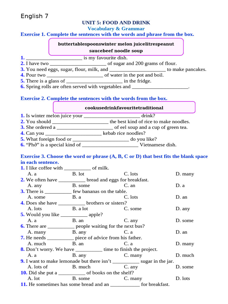 Vocabulary and Grammar: Food & Drink | PDF | Vietnamese Cuisine | Taste