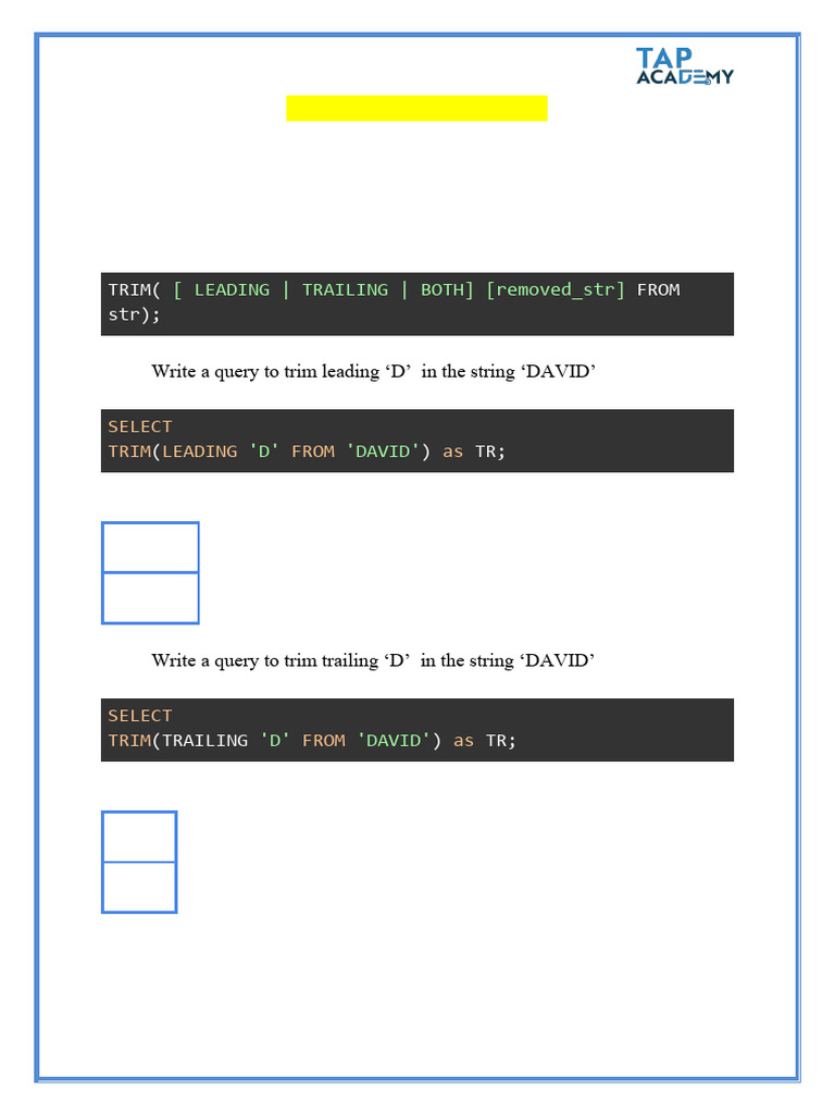 SQL TRIM() and REPLACE() Functions Guide | PDF | Computer Programming