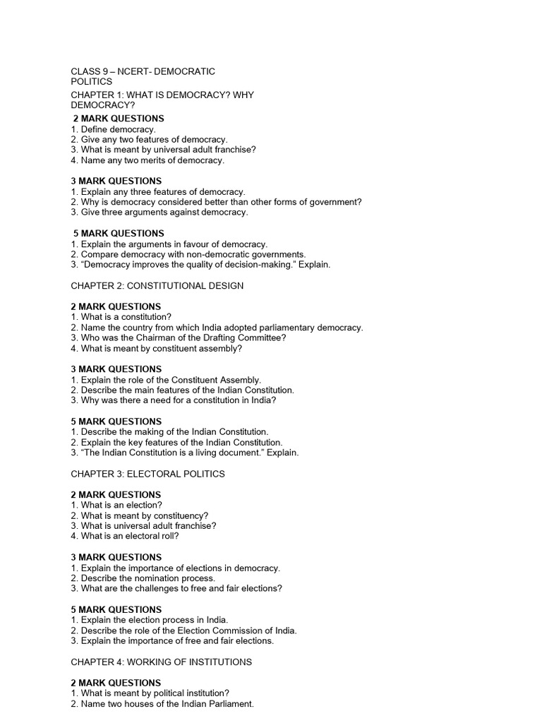 Class 9 DP Democratic Politics Important Questions | PDF | Democracy ...