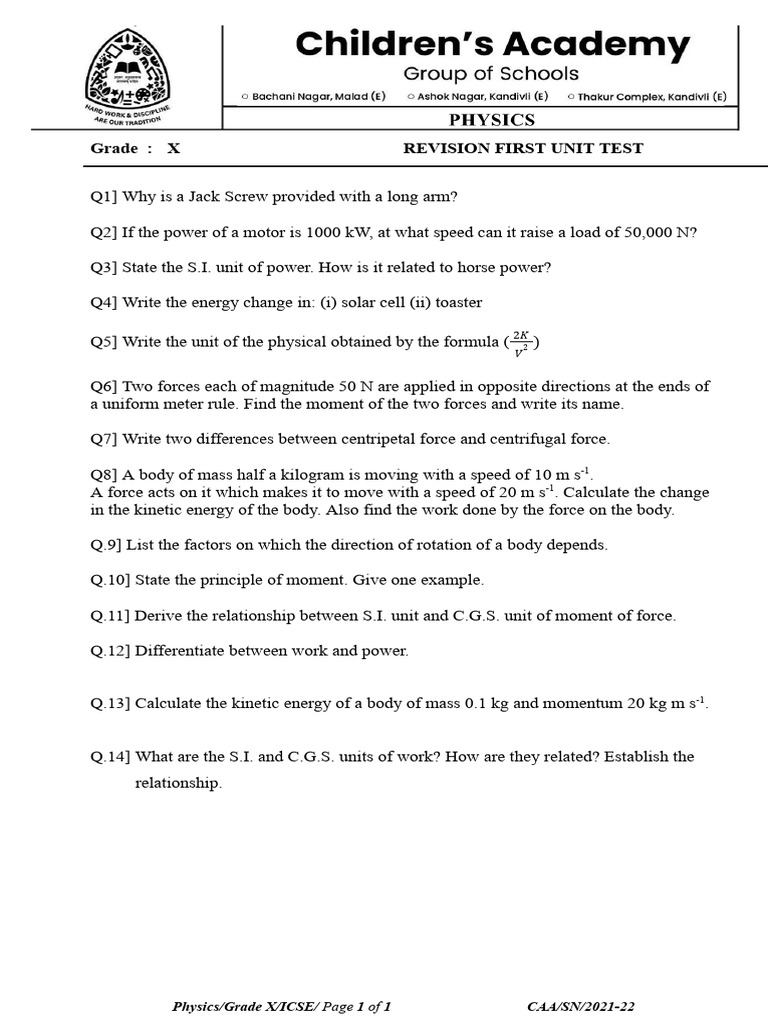 Grade X Physics Unit Test Questions | PDF