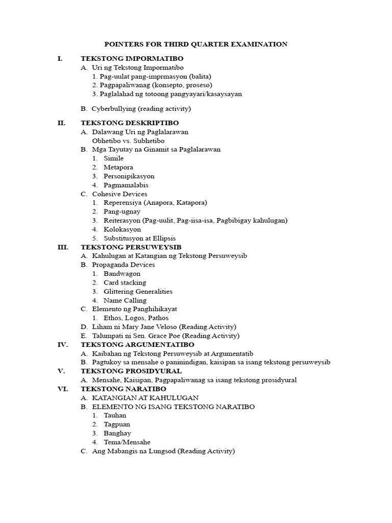 Pointers For Third Quarter Examination 3ps | PDF