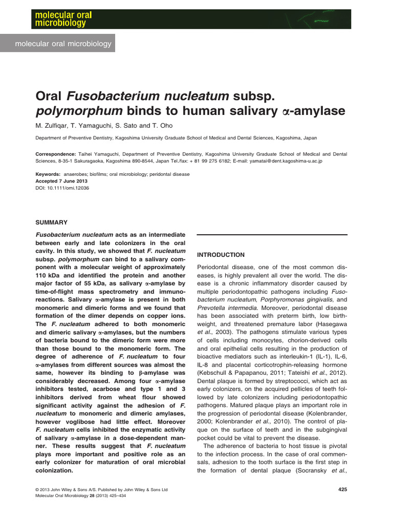Fusobacterium nucleatum and Salivary Amylase Binding | PDF ...