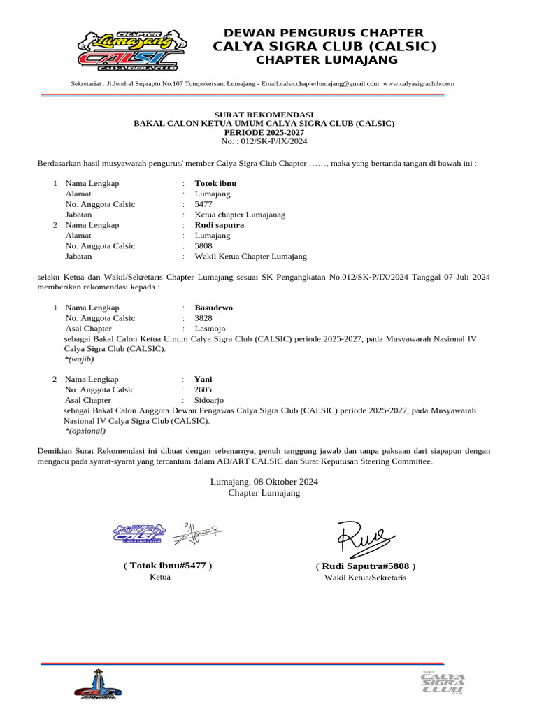 Rekomendasi Calon Ketua Umum CALSIC 2025-2027 | PDF