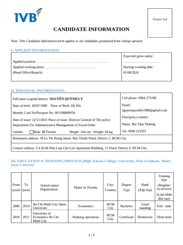 Candidate Information Form for Job Application | PDF | Ho Chi Minh City ...