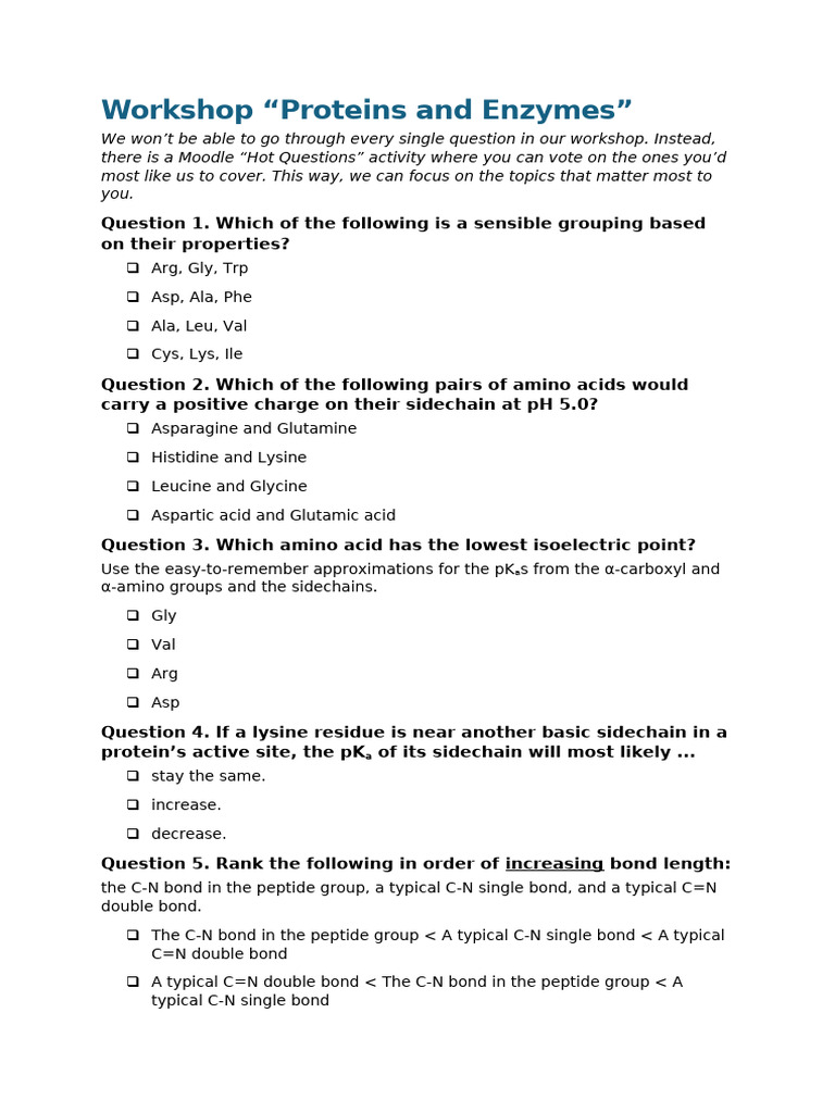 Proteins Enzymes Workshop | PDF | Amino Acid | Enzyme Kinetics