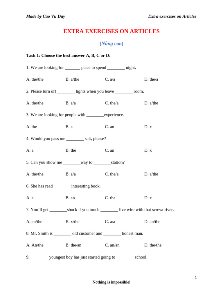 Advanced Article Exercises for ESL | PDF