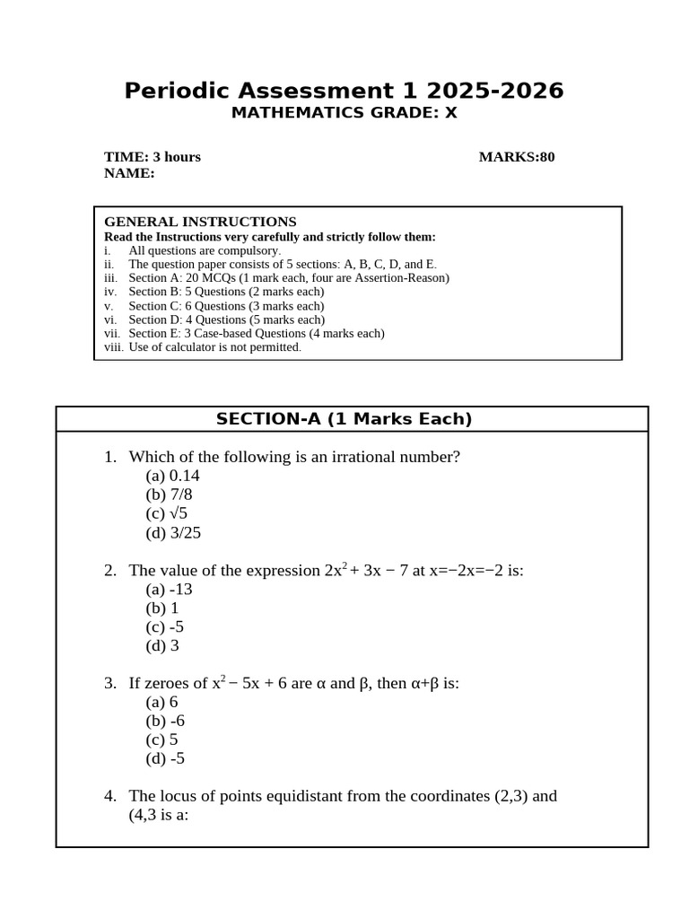 Grade X Mathematics Assessment 2025-2026 | PDF | Zero Of A Function ...