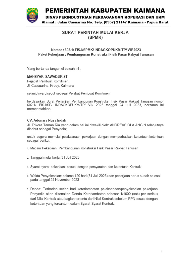 Surat Perintah Kerja Pasar Rakyat Tanusan | PDF