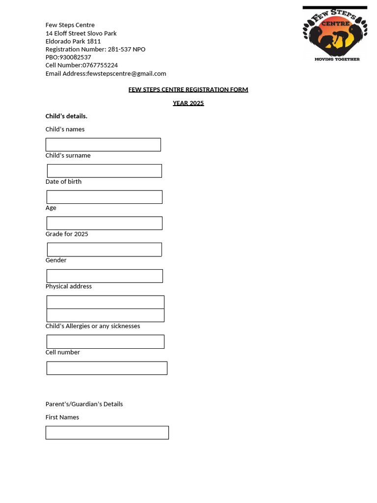 Few Steps Centre Registration Form | PDF