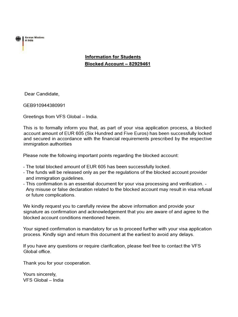 Blocked Account Confirmation for Visa | PDF