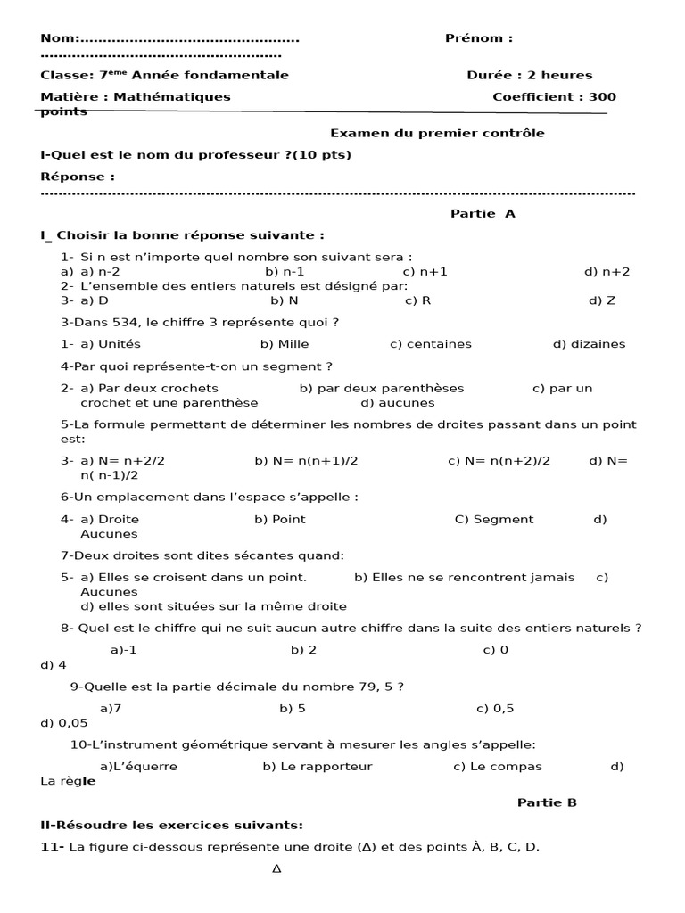 Examen de Mathématiques 7ème Année | PDF | Mathématiques | Arithmétique