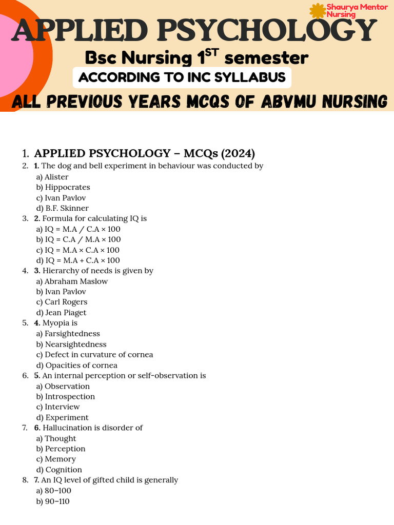 Applied Psychology MCQs for Nursing | PDF | Behavioural Sciences ...