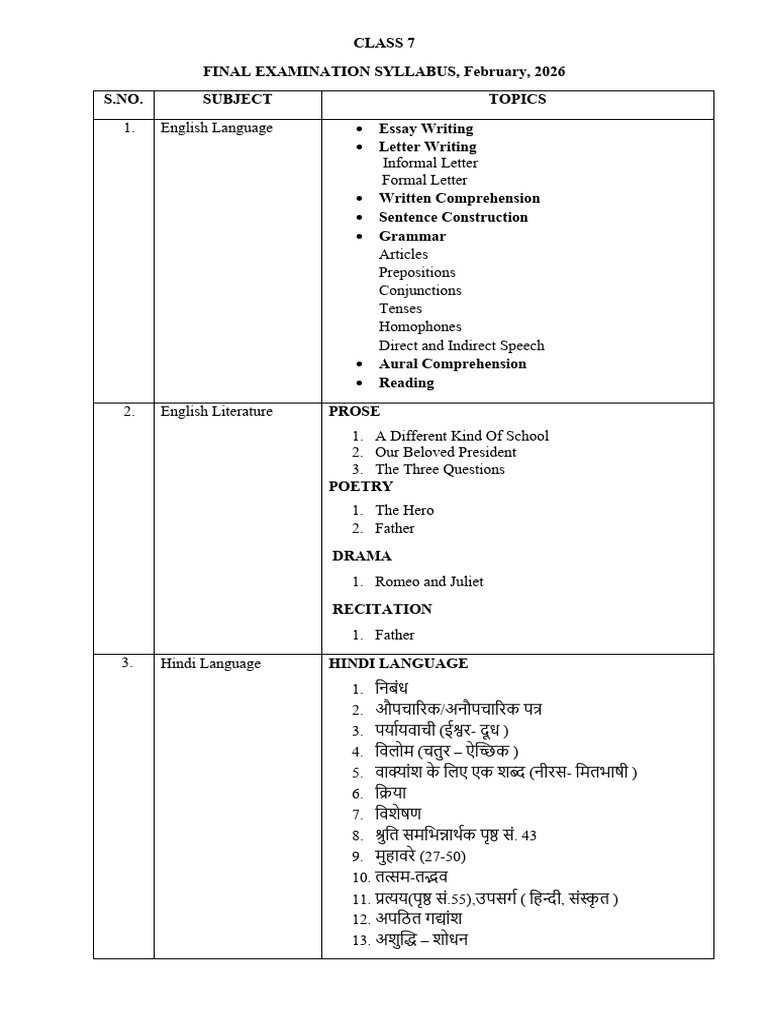 Class 7 Final Exam Syllabus 2026 | PDF | Linguistics