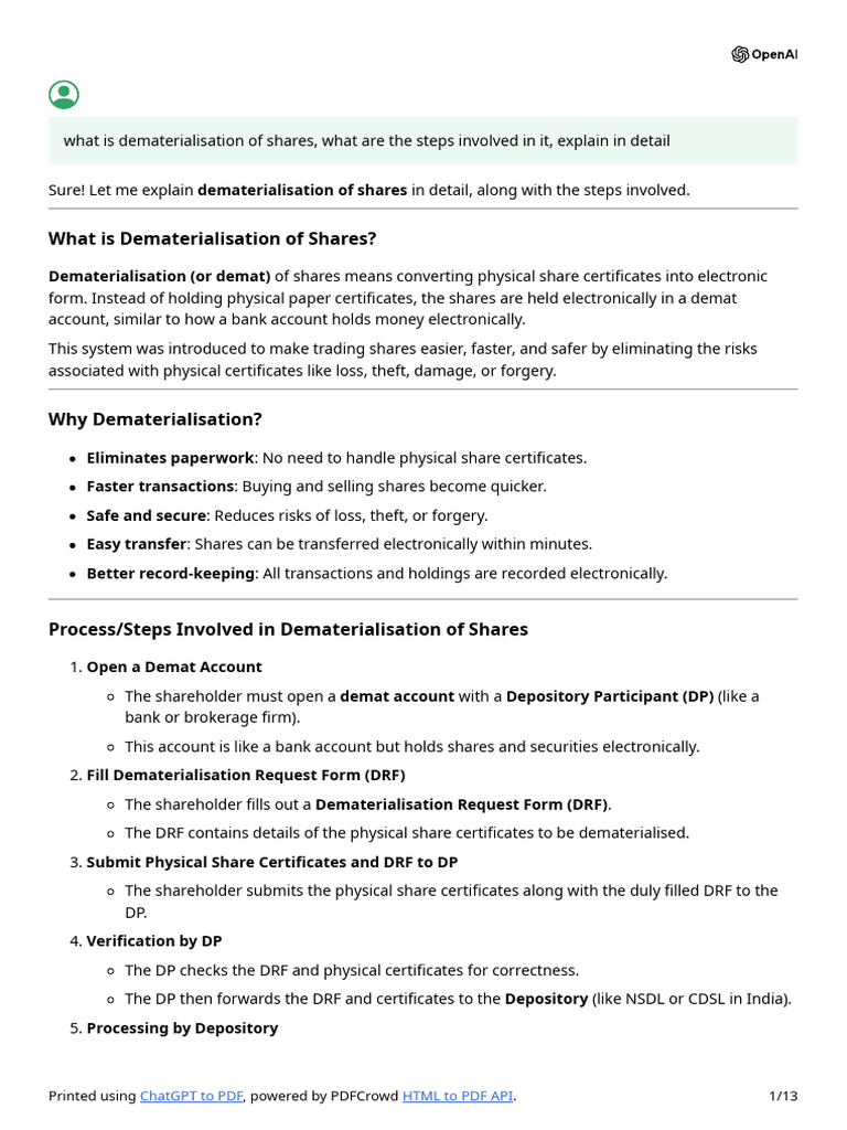 Dematerialisation of Shares Explained | PDF | Settlement (Finance ...