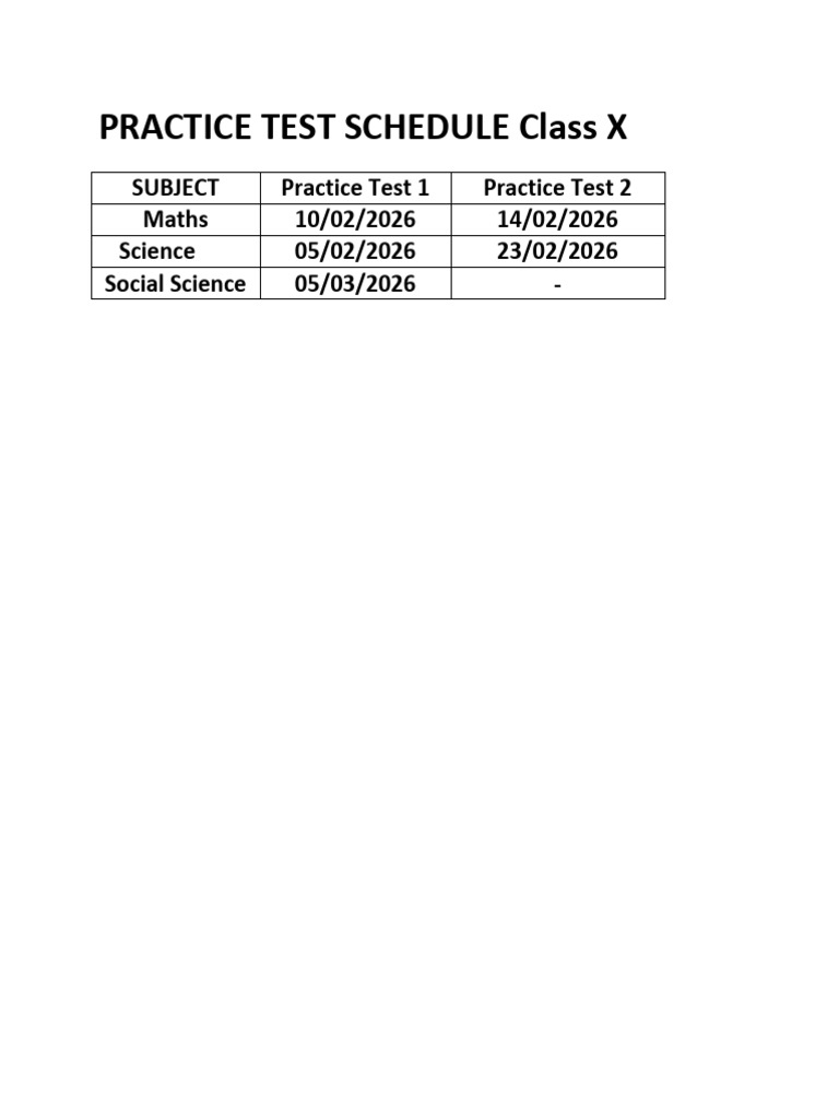 Class X Practice Test Schedule 2026 | PDF
