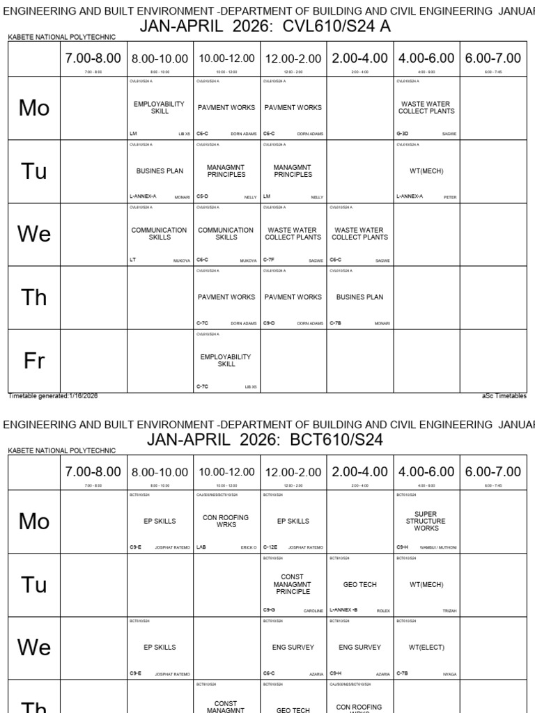 Kabete Polytechnic Engineering Timetable 2026 | PDF | Engineering ...