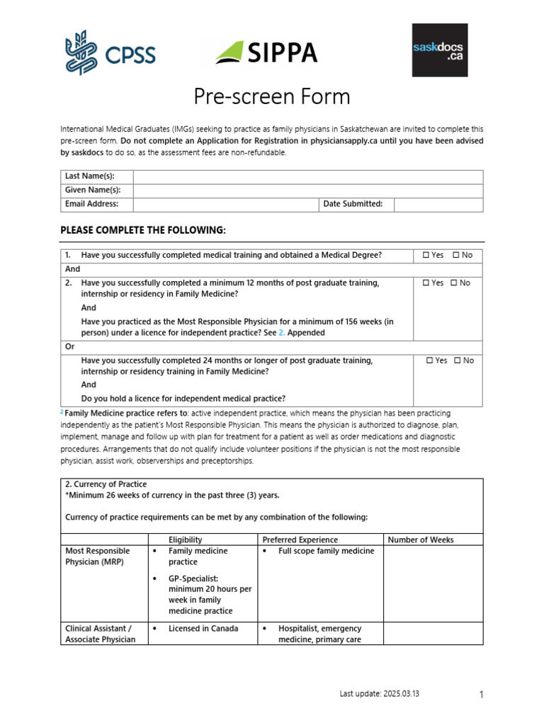IMG Pre-Screen Form for Saskatchewan | PDF | Residency (Medicine ...