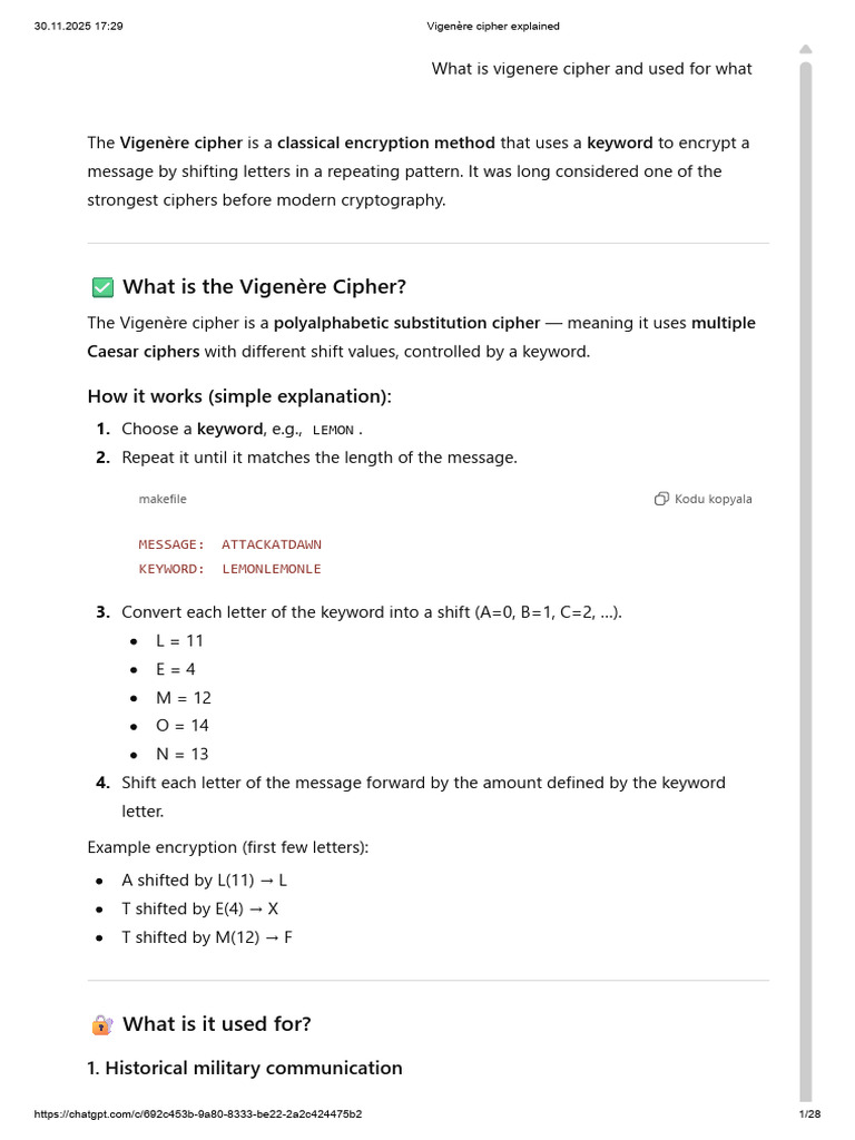 Vigenère Cipher: Overview and Uses | PDF | Cipher | Encryption