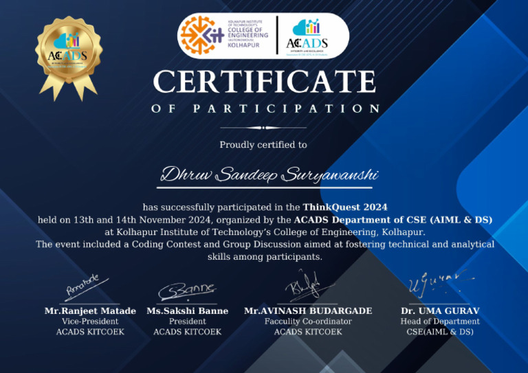Dhruv Sandeep Suryawanshi ThinkQuest Certificate | PDF