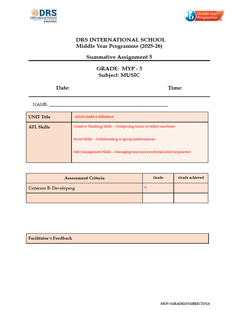 MYP - 3 Music SA - 5 Criteria B 2 | PDF | Cognitive Science | Human ...