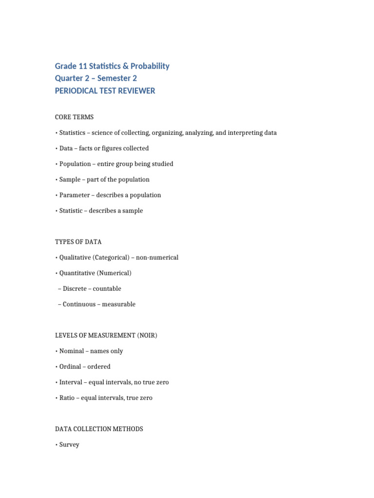 Grade 11 Statistics & Probability Review | PDF