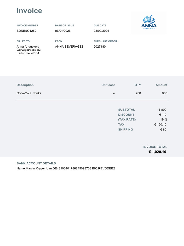Invoice for Anna Beverages Purchase | PDF