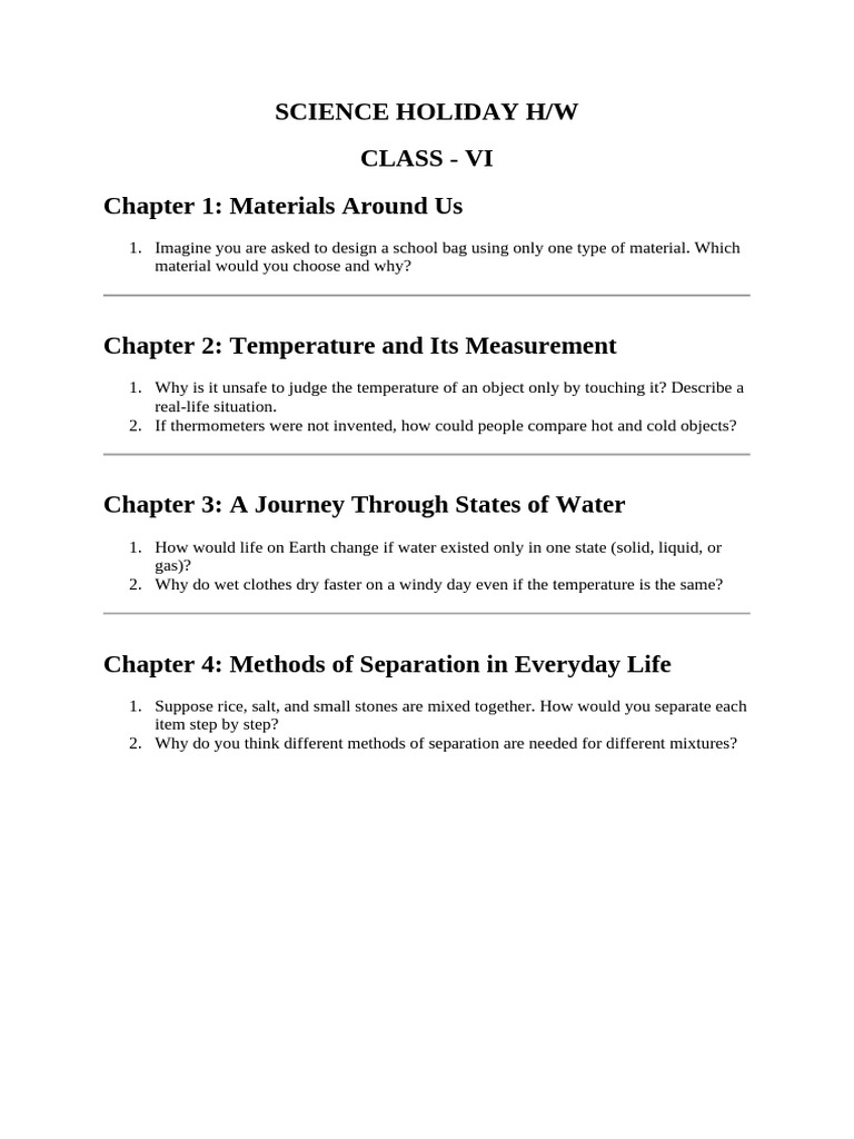 Class VI Science Holiday Homework | PDF