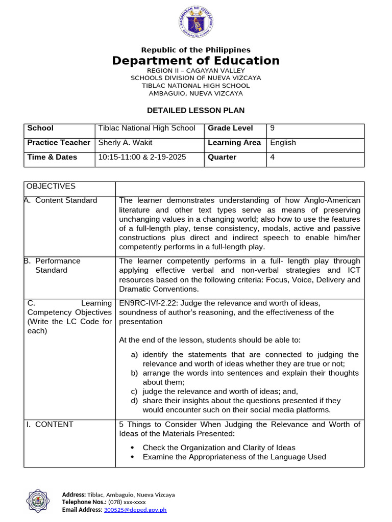 Grade 9 English Lesson Plan: Judging Ideas | PDF | Relevance | Learning