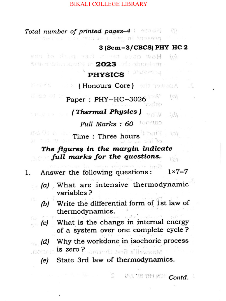 Heat & Thermodynamics Question Paper | PDF