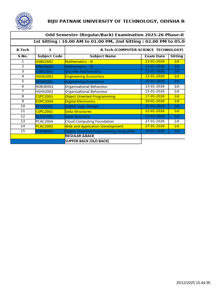 BPUT Odisha B.Tech Exam Schedule 2025-26 | PDF