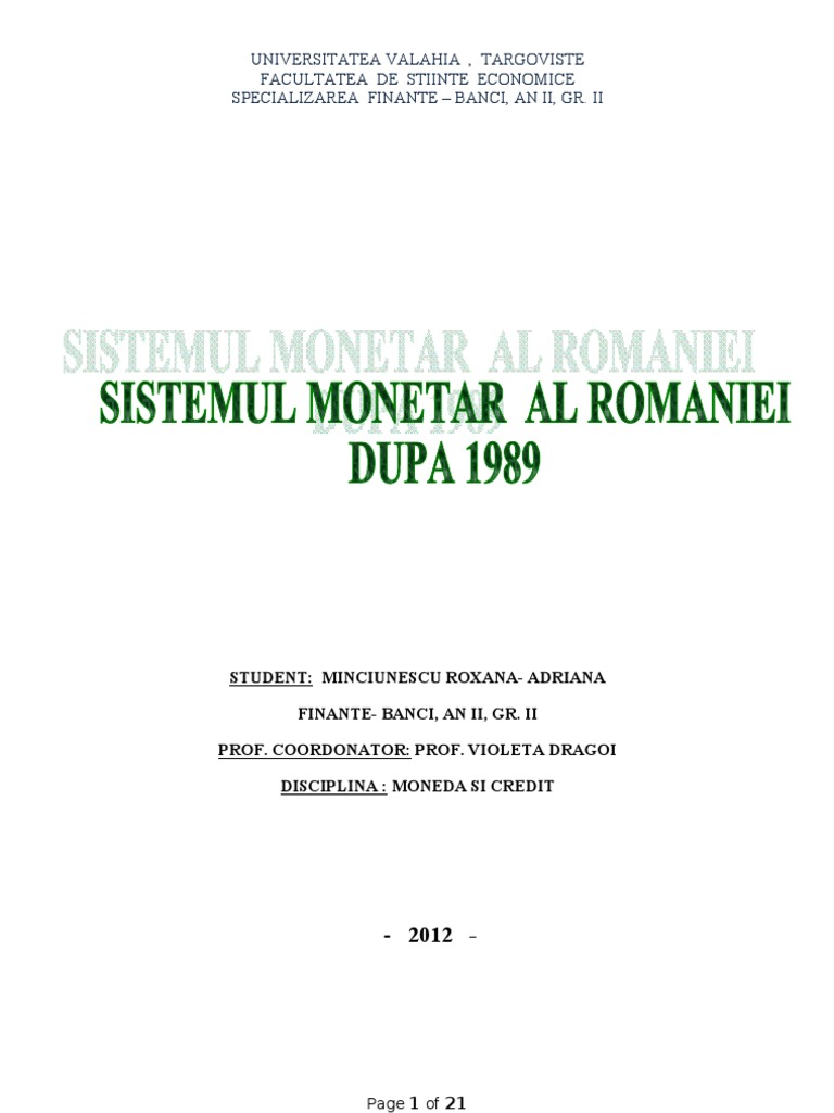 Proiect Moneda Credit - Sistemul Monetar Al Romaniei Dupa 1989 | PDF