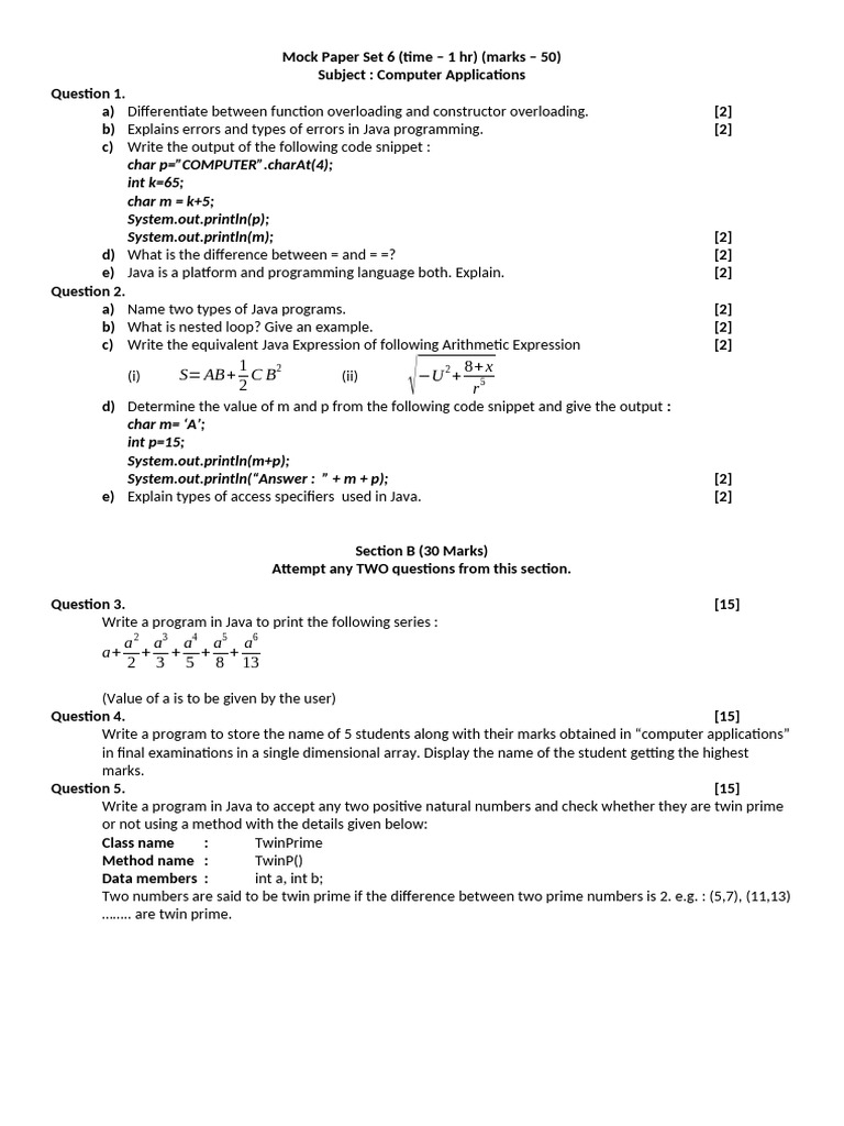 Java Programming Mock Paper Set 6 | PDF | Computer Program | Programming