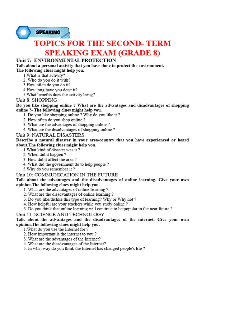 Grade 8 Speaking Exam Topics Guide | PDF